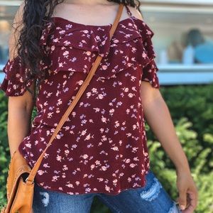 Spaghetti Strap Floral Print Open Shoulder Blouse